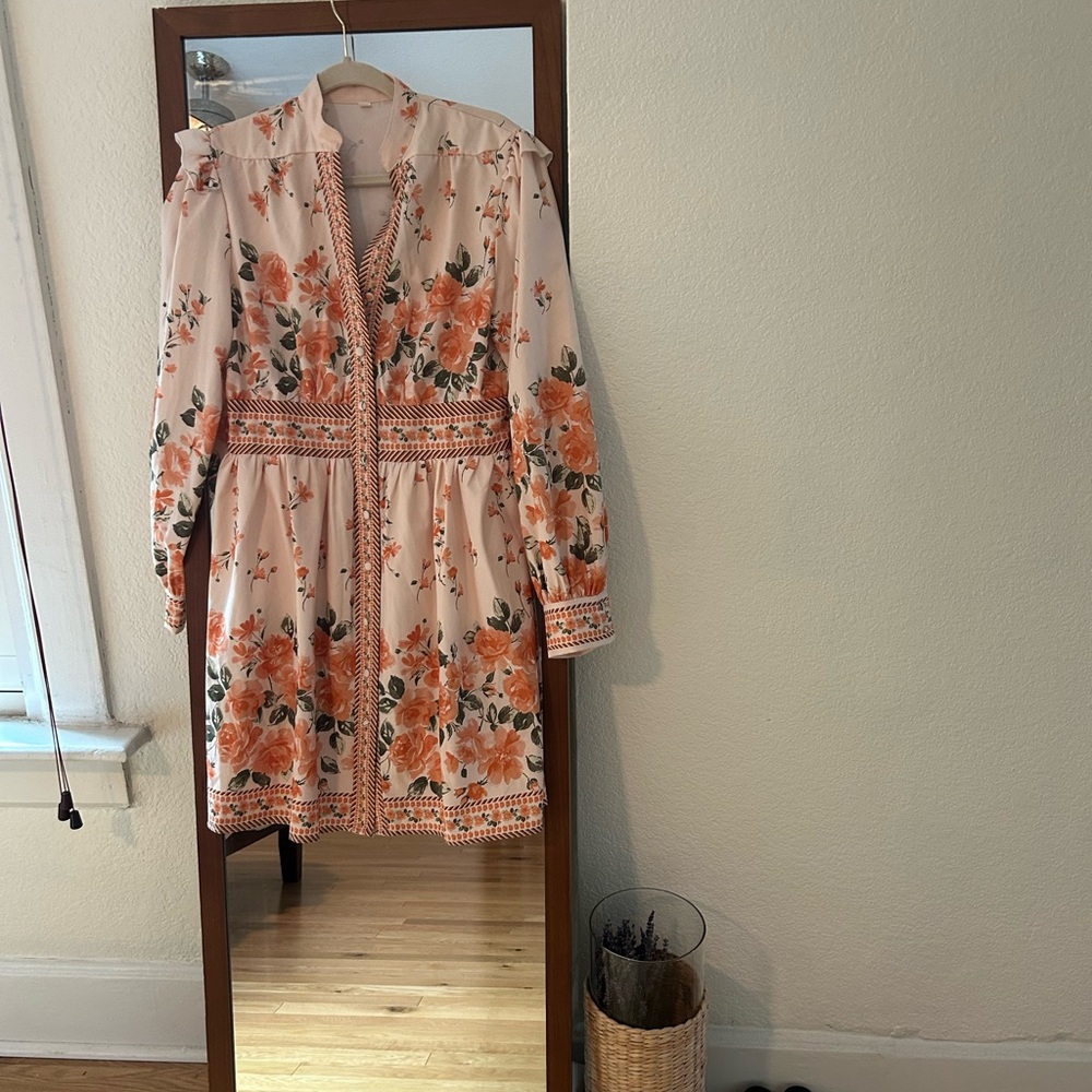 Vintage Floral Long Sleeve Dress - Cream and Orange